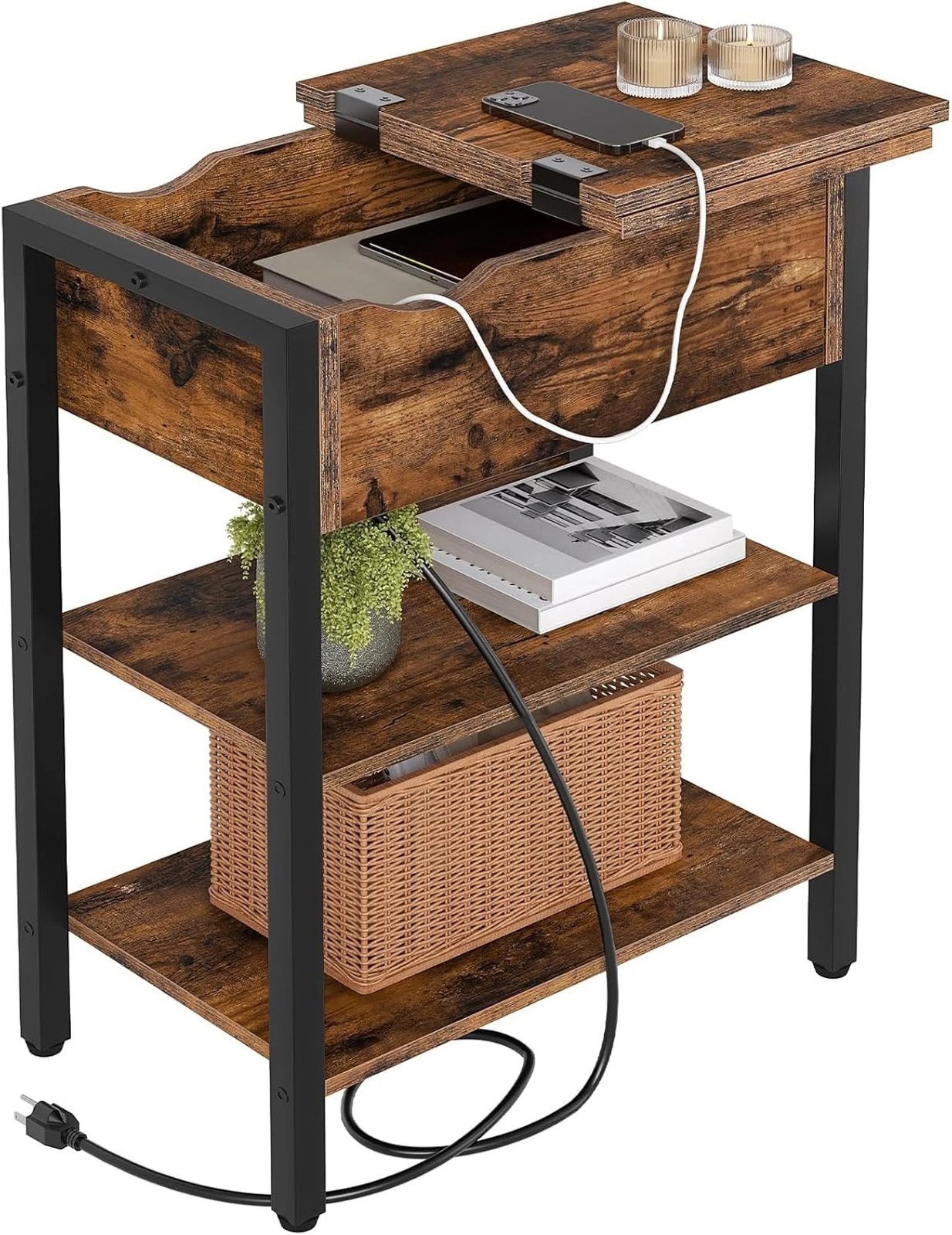 End Table with Charging Station, Narrow Nightstand, Flip Top with USB Ports