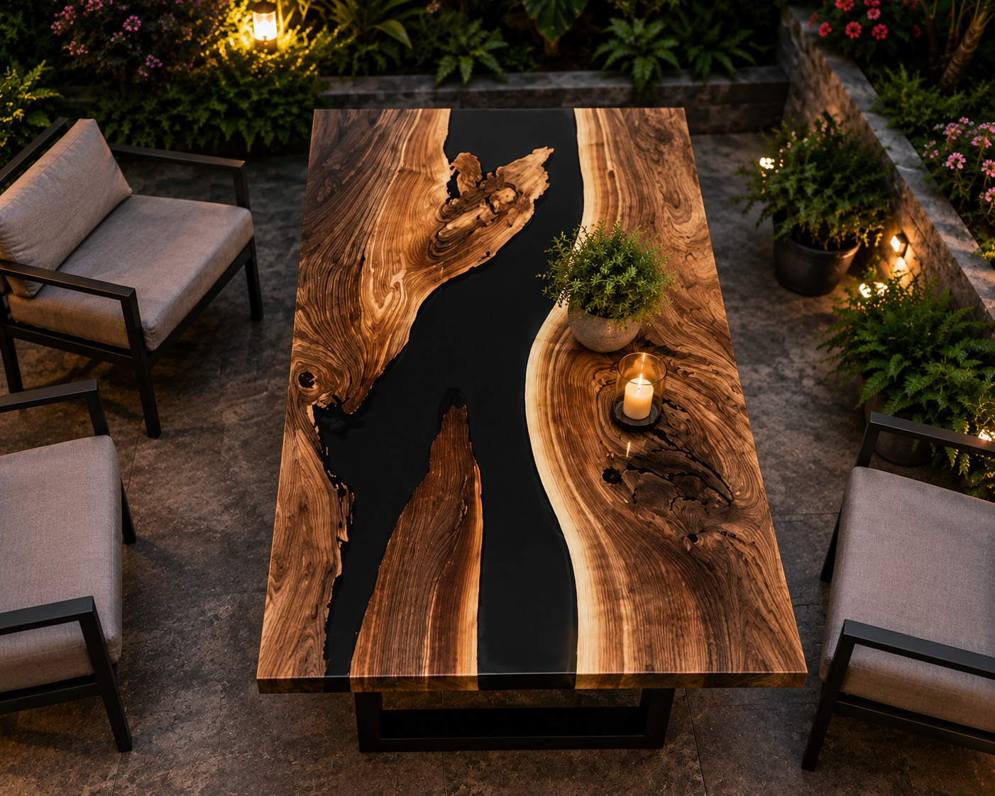 Designer Live Edge Wood Black Epoxy Dining Table Luxury Patio Furniture