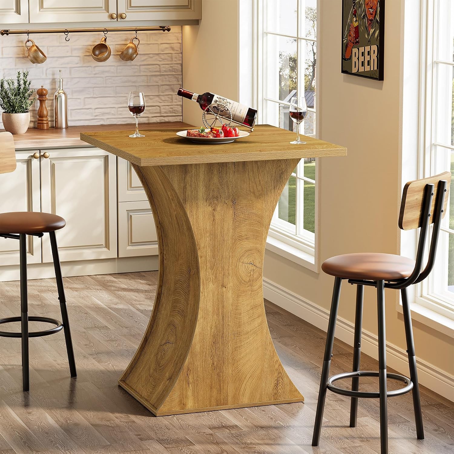39.4″H Square Bar Table Modern Wooden High Top Bistro Pub Table for Small Spaces