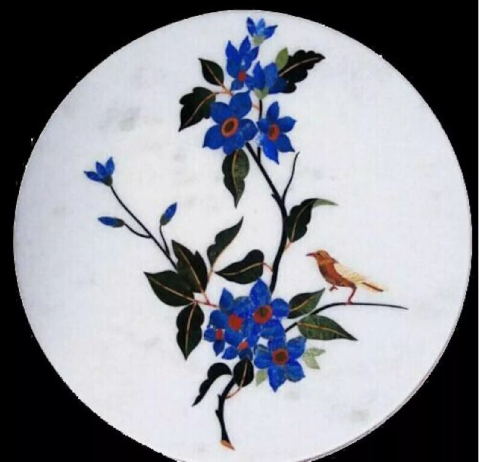 18″ White Marble Center Table Top Lapis Inlay Floral Work Bird Design Home Decor
