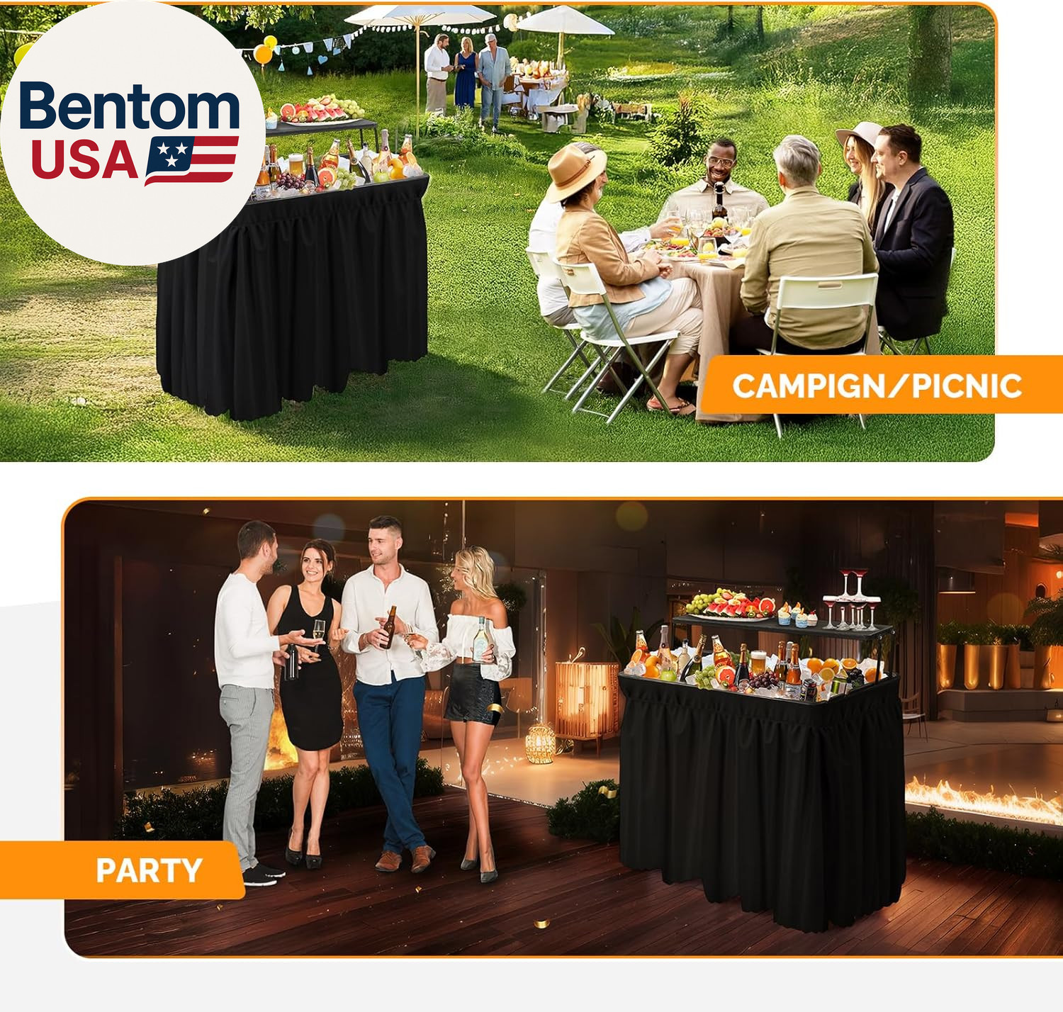 Portable Cooler Table with Extra Storage Shelf, Alloy Steel, Black, Picetable Mo