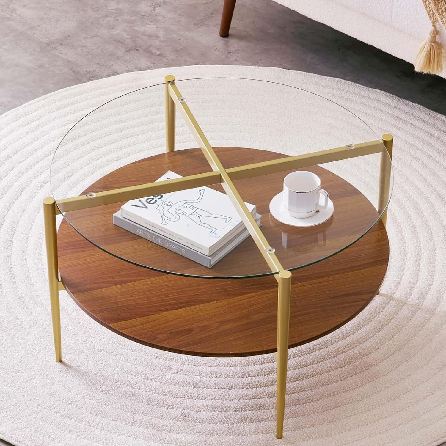 Round Coffee Table, Mid-Century Modern Design, D30“ X H17”, for Living Room, 2-T
