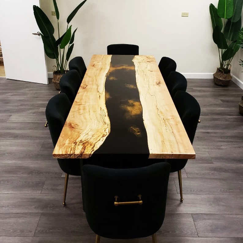 Luxury Black River Epoxy Table Top – Acacia Wood – Dining Office Desk