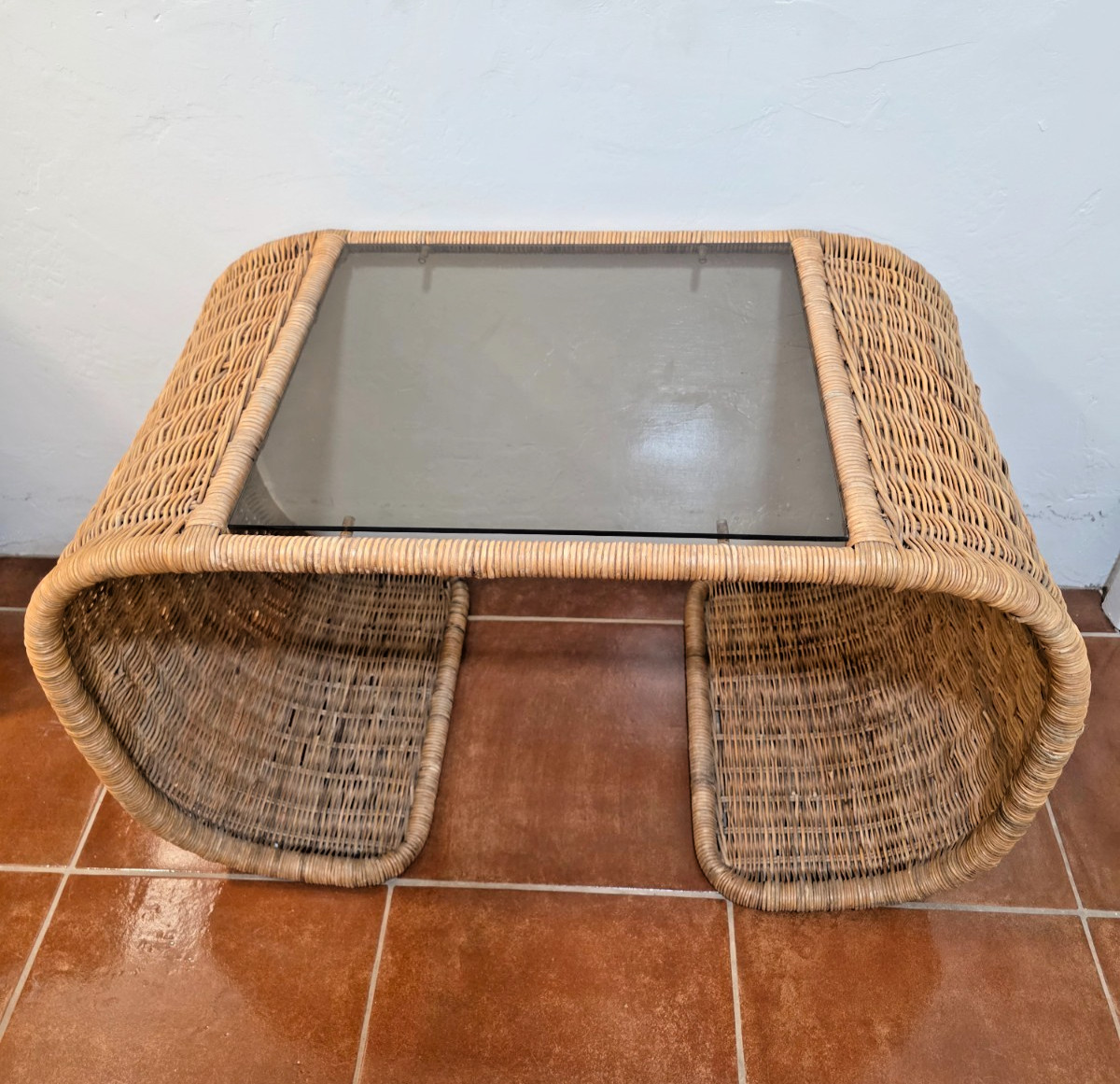 Vintage 1970s Wicker Waterfall Side End or Coffee Table Smoky Glass Top MCM Boho