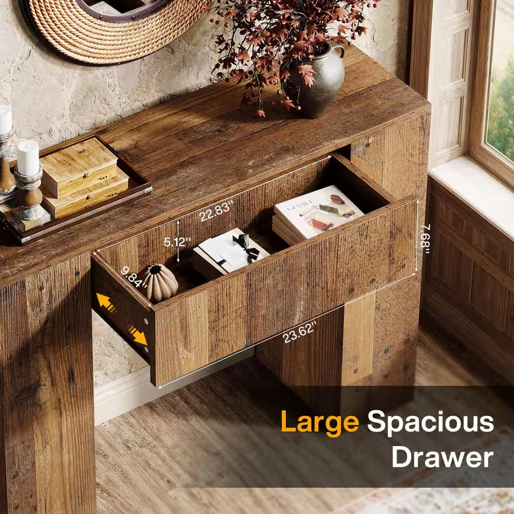 39 In. Brown Rectangle Wood Small Console Table with Drawers for Narrow Entryway
