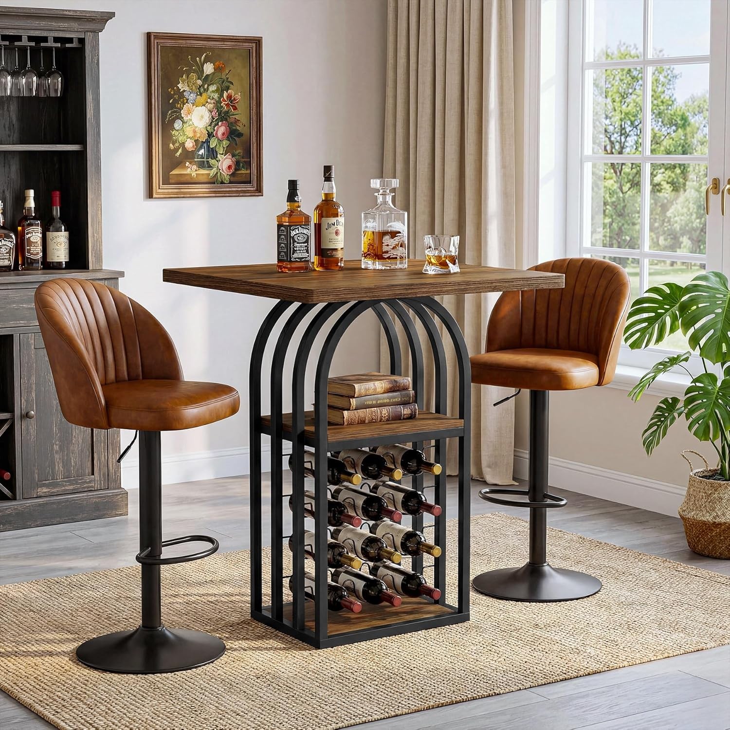 Square Bar Table 35″ H Industrial Bistro Pub Table with 4-Tier Wine Rack Storage