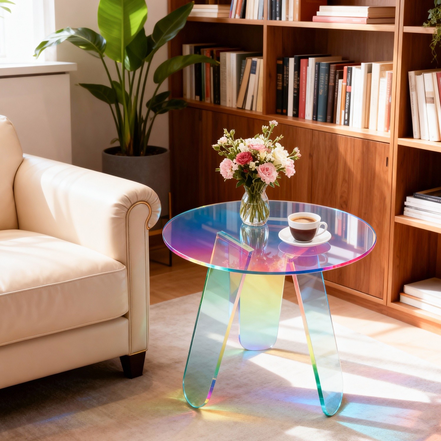 Round Iridescent Side Table Acrylic End Table w/ PVC Table Cover for Living Room