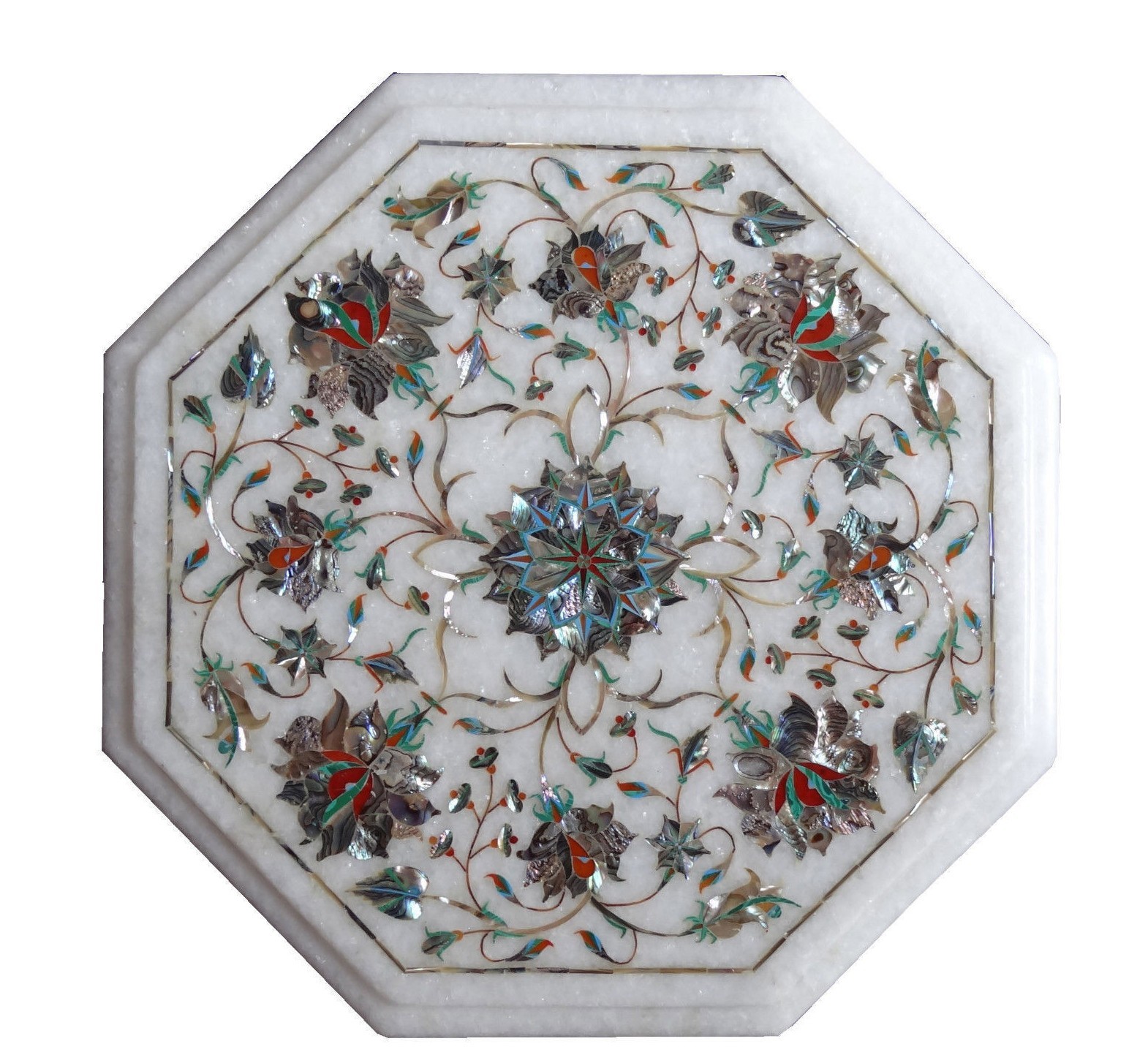 12″ Marble Table Top Semi Precious Stone Inlay Marquetry Work Handmade Craft