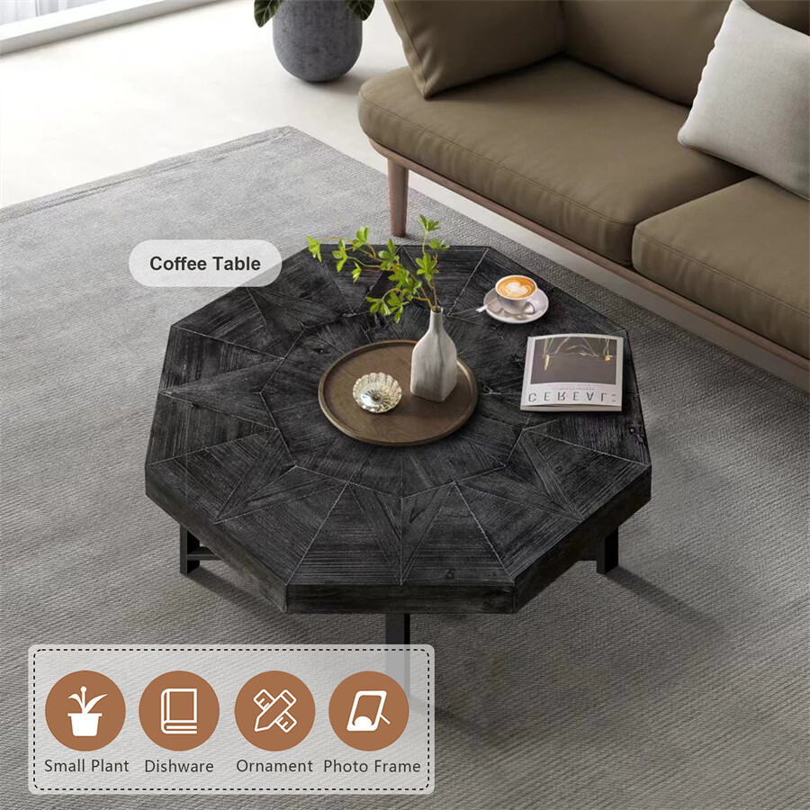 Wood Octagonal Patchwork Craft Farmhouse Wooden Table Metal Legs Coffee Table