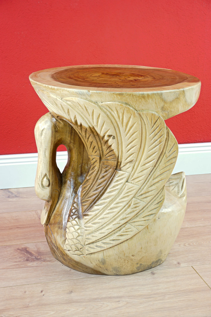 Side Table Acacia Swan Carving Solid Wood Stool Decor Unique Handmade