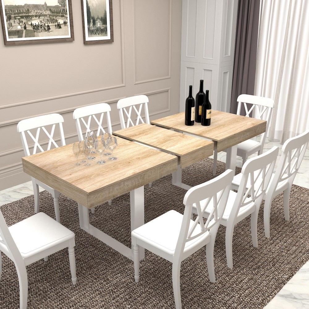 Extendable Wooden Dining Table White+Oak Particle Board Expandable Kitchen