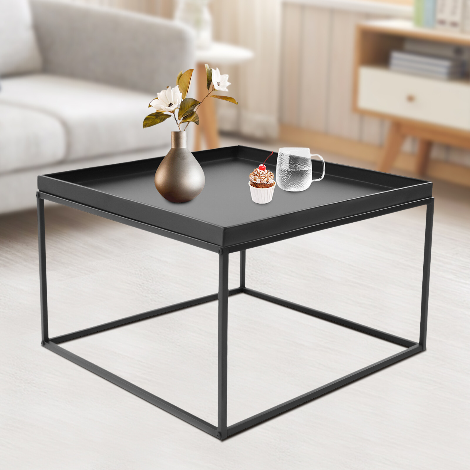 59cm Metal Square Coffee Table End Table/Side Table For Office/Home Matt Black