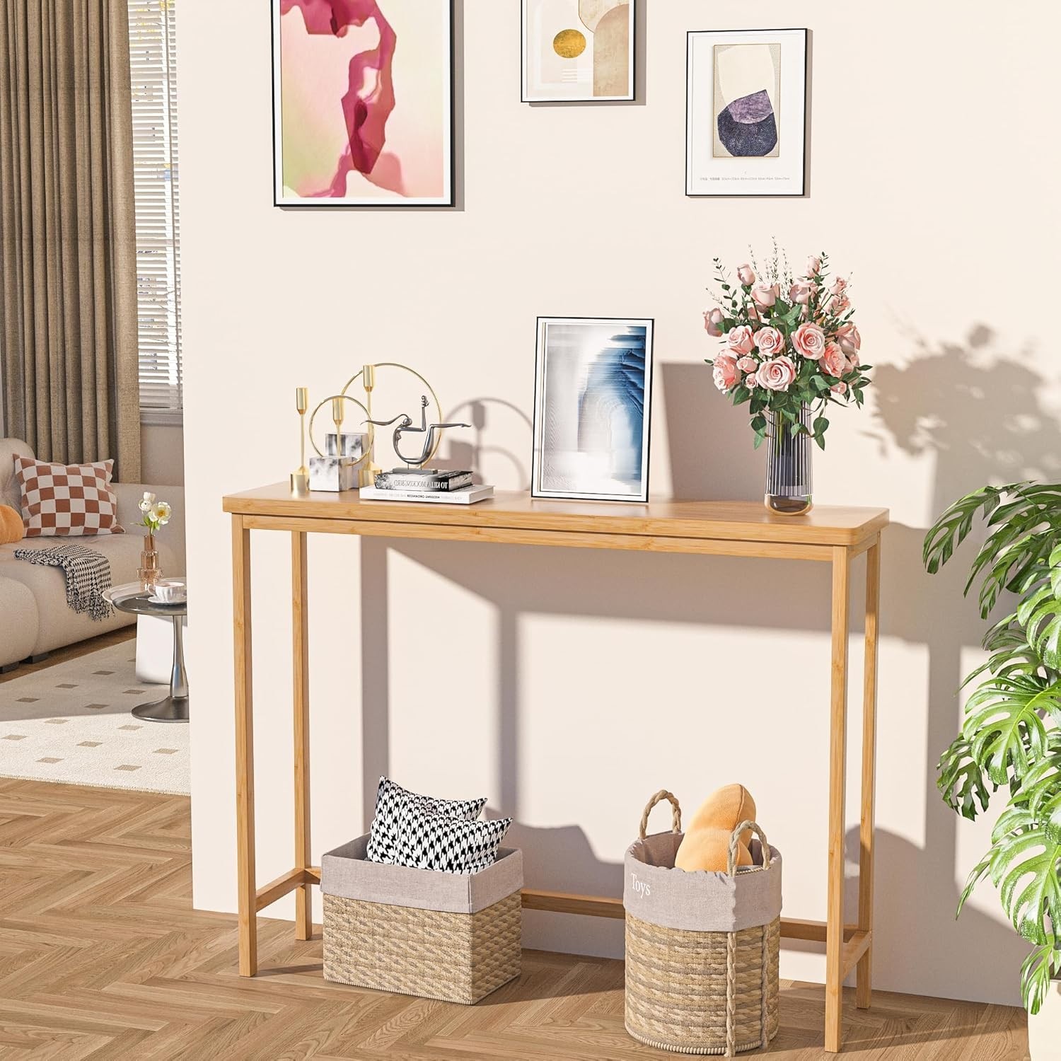 Bamboo Console Table Entryway Narrow Sofa Table Hallway Living Room Natural