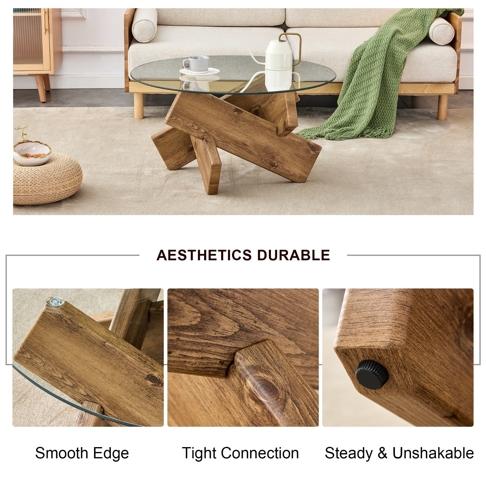 33.4″ Round Tempered Glass Coffee Table Cross MDF Wood Leg Modern Farmhouse