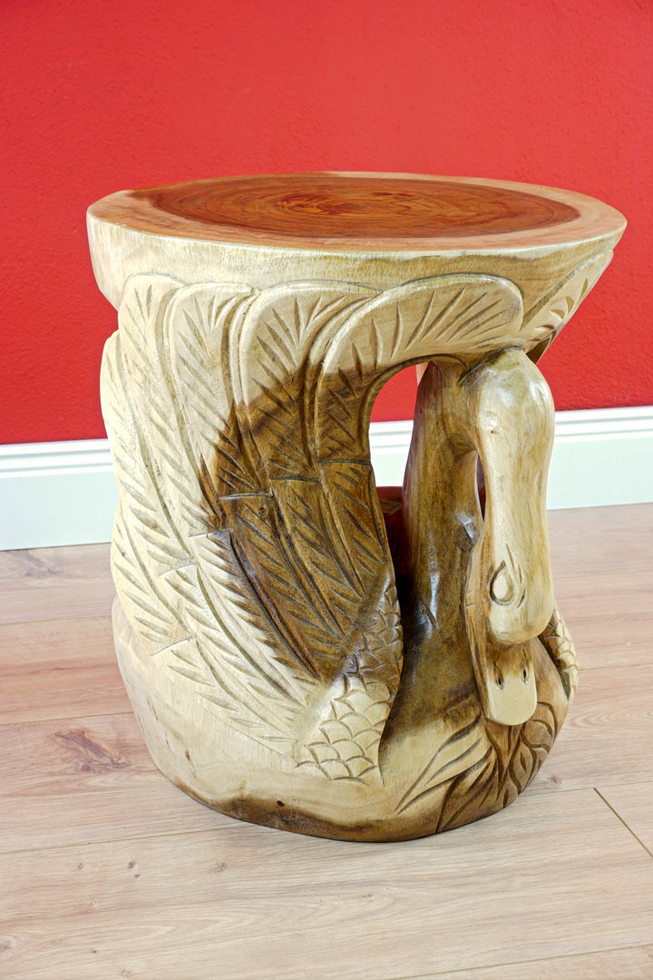 Side Table Acacia Swan Carving Solid Wood Stool Decor Unique Handmade