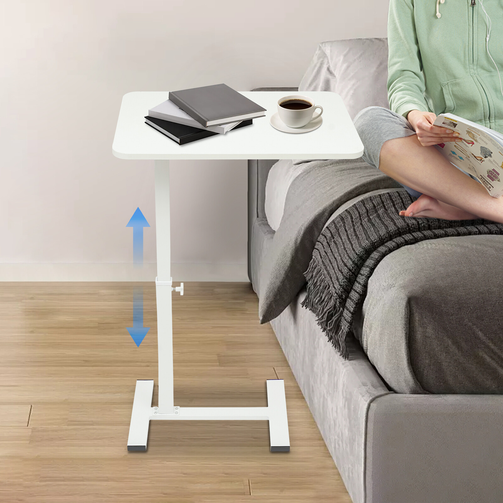 Bedside Table 24.8-40.55″ Height Adjustable Sofa Side Table Rolling Laptop Table