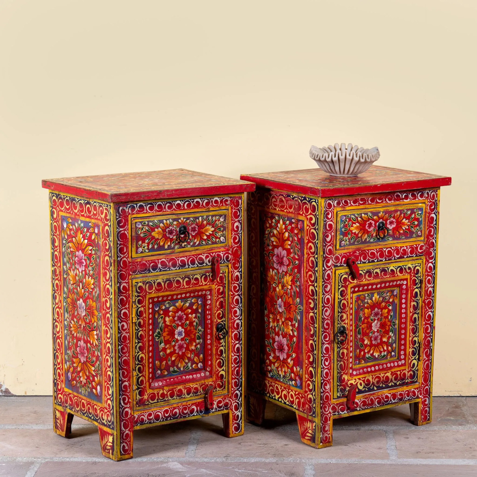 Artisan Handmade Bedside Table Solid Wood Hand Carved 17.7 × 13.8 × 27.6 inches