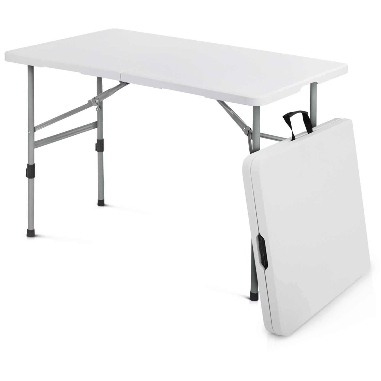 White[4 FT FOLDABLE CARD GAME TABLE]Outdoor Gathering Dining Desk w/Carry Handle