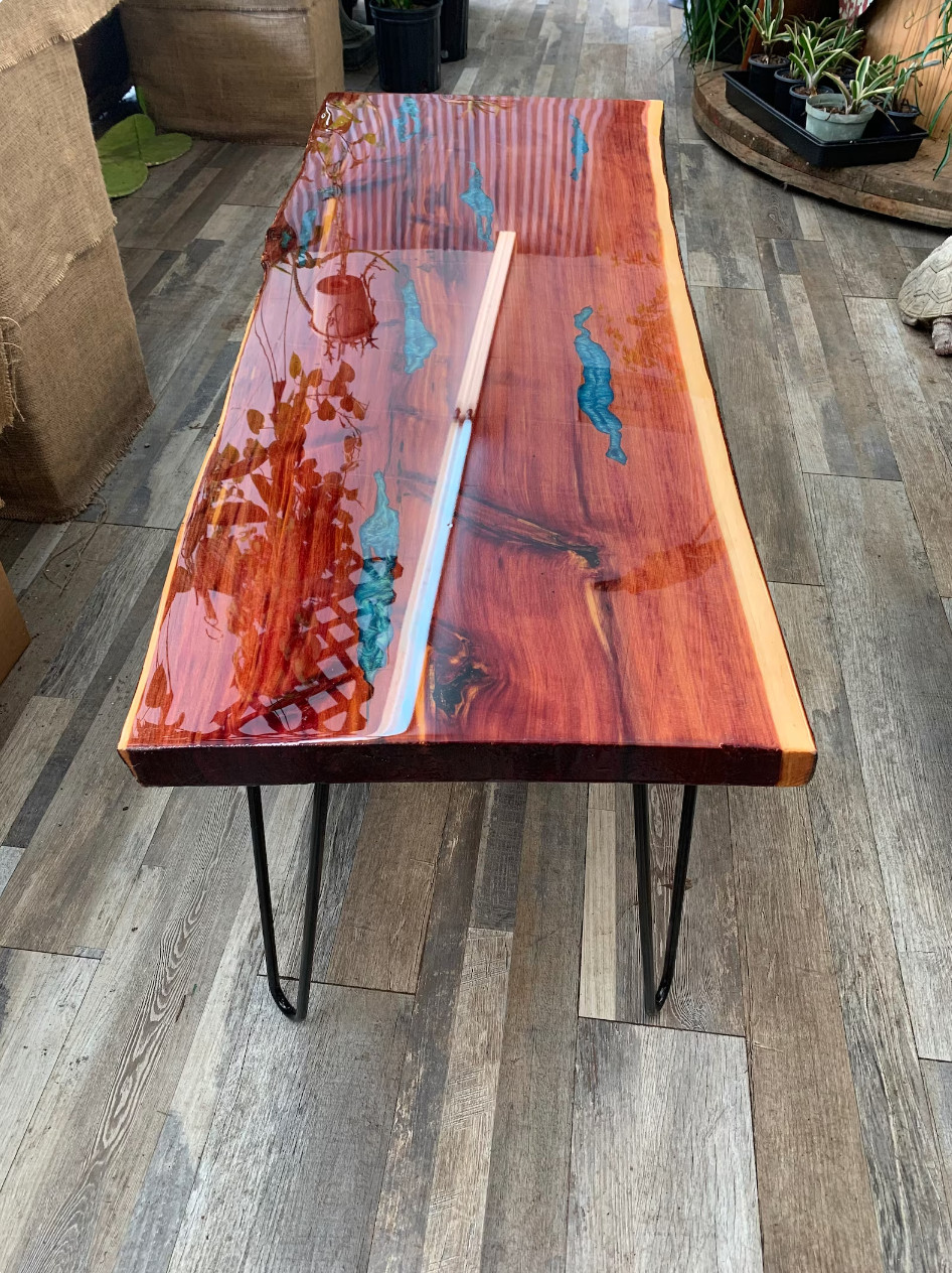 HandCrafted Live Edge Epoxy River Table / Bench Red Cedar Coffee (44in)