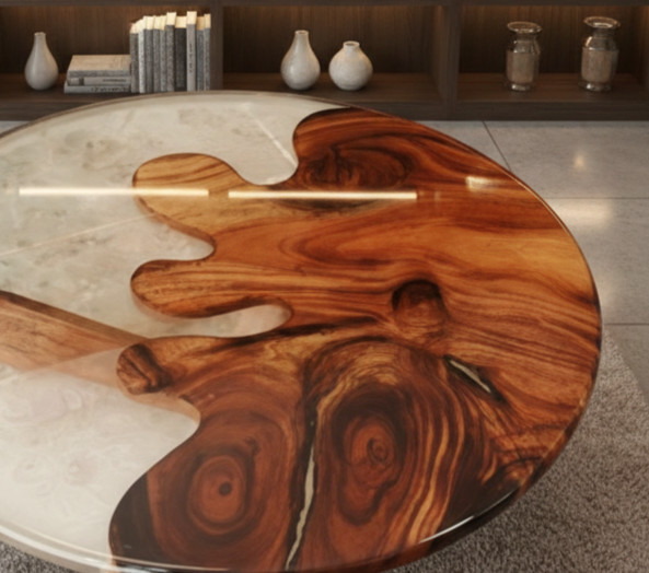 12″ Modern White Epoxy Resin Round Table Unique Wood Grain Art Coffee Table Deco