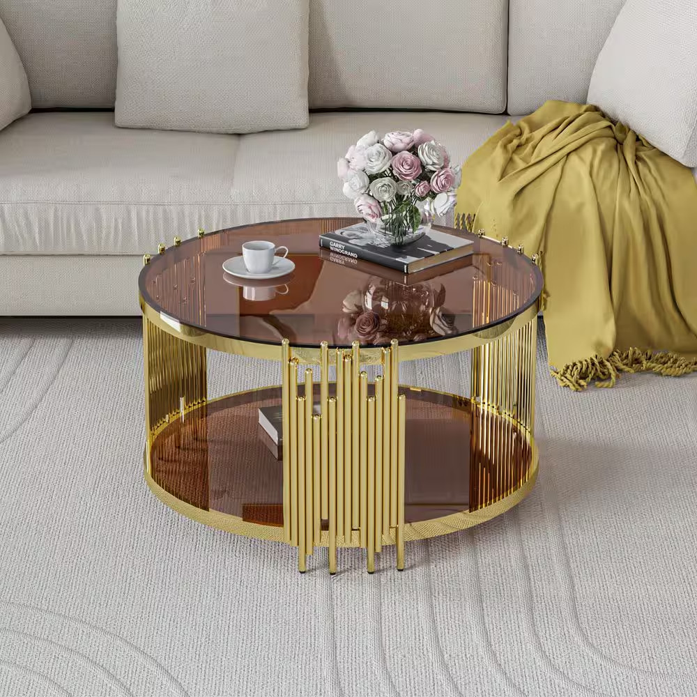 32 In. Brown round Glass Coffee Table with Tempered Glass&Gold Legs, 2-Tier Stai