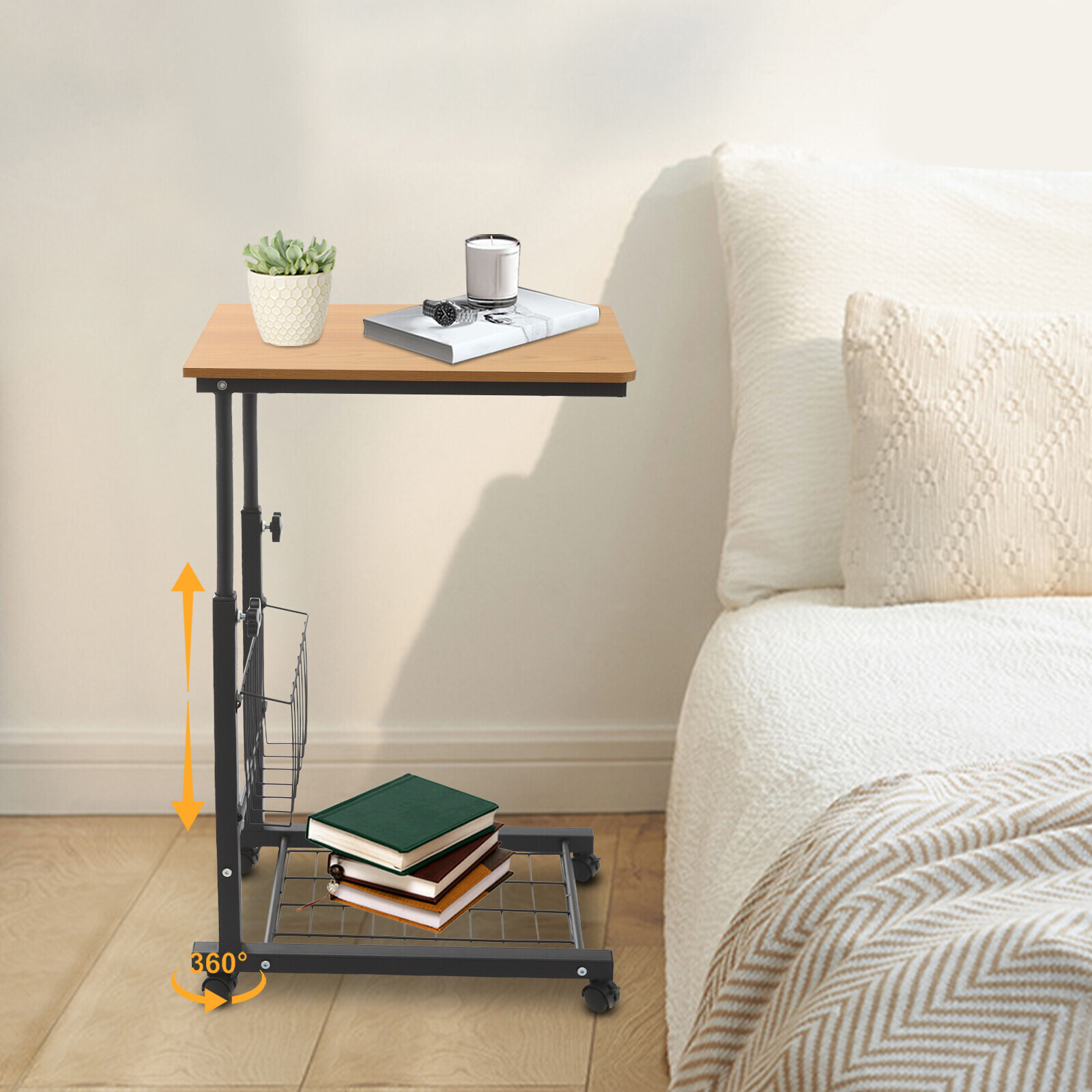 2 Tiers Adjustable Bed Side Table Teak Color Mobile Standalone Table w/ Wheels