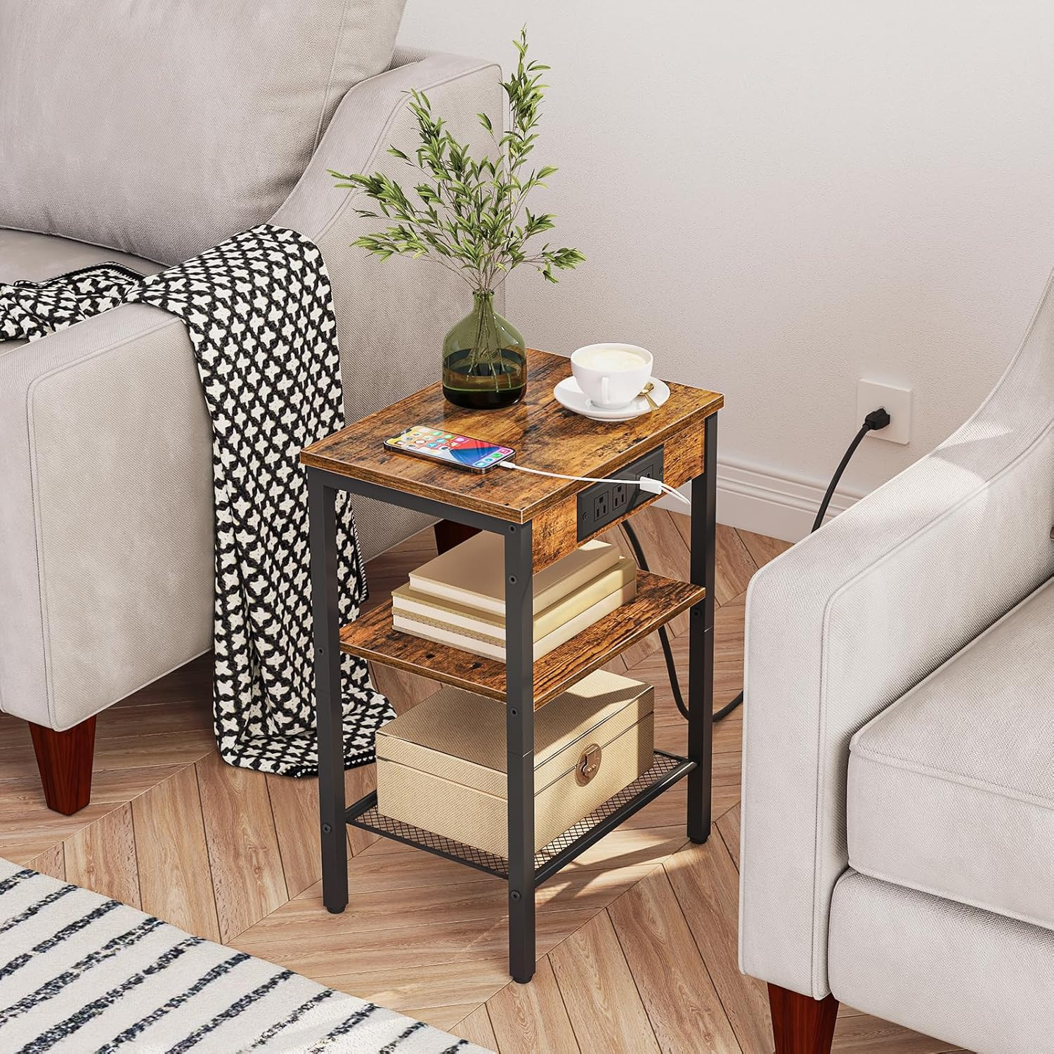 3-Tier Side Table w/ Charging Station & USB Port,Small End Table for Small Space