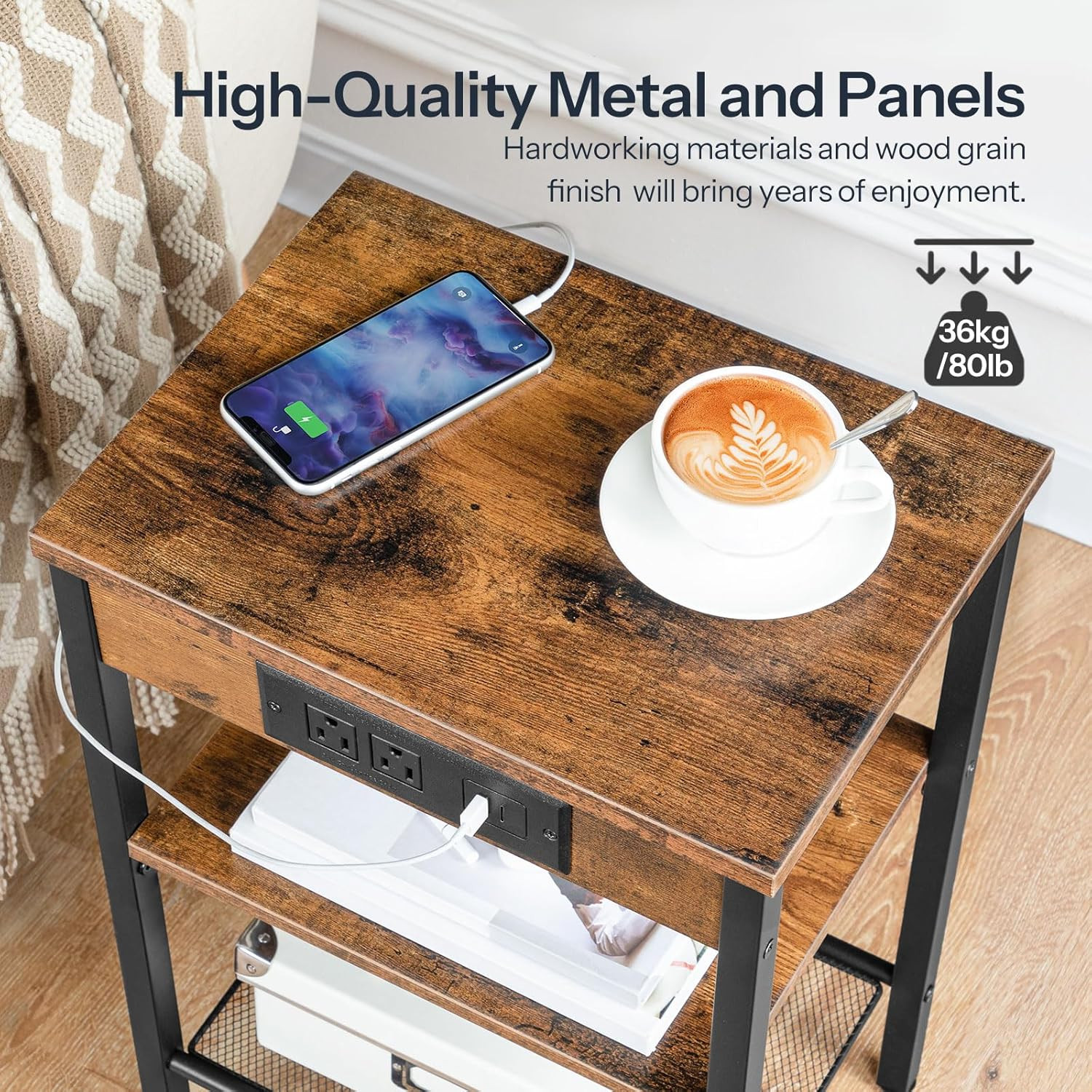 3-Tier Side Table w/ Charging Station & USB Port,Small End Table for Small Space