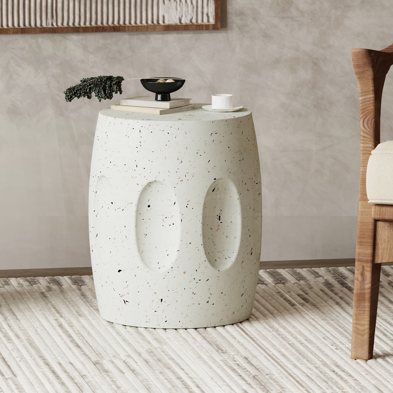 Lightweight Round Concrete Side Table Outdoor Indoor Accent Patio Living Room