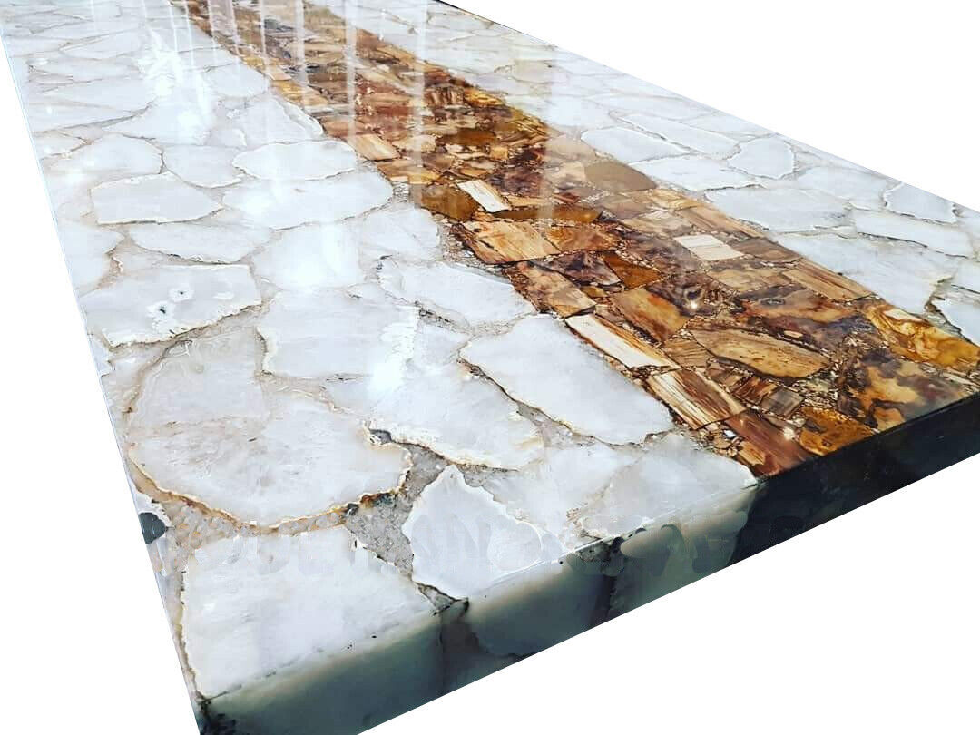 60″x36″ Salt Agate & Petrified Wood Dining Table Top, Handmade Random Home Decor