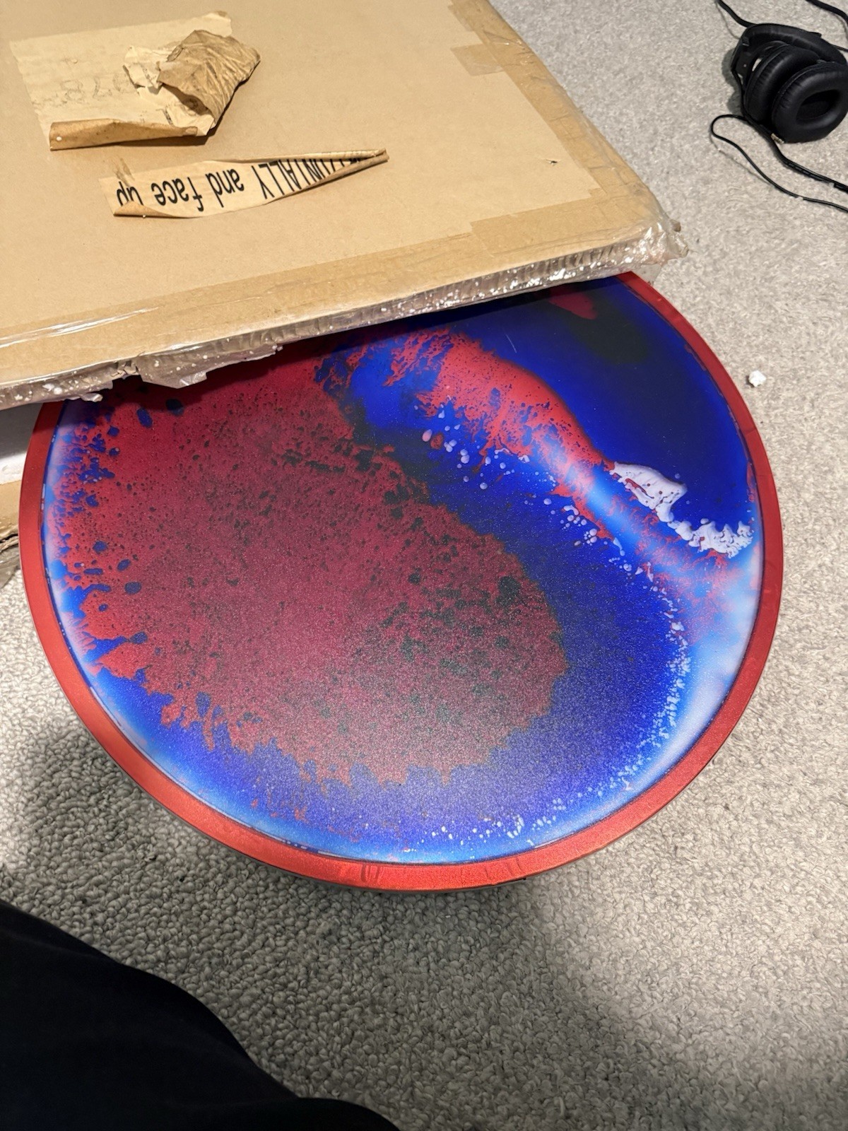 Italian Space Age Round Coffee Table Plastic/Metal Tie Dye Effect Red/Blue 1970s