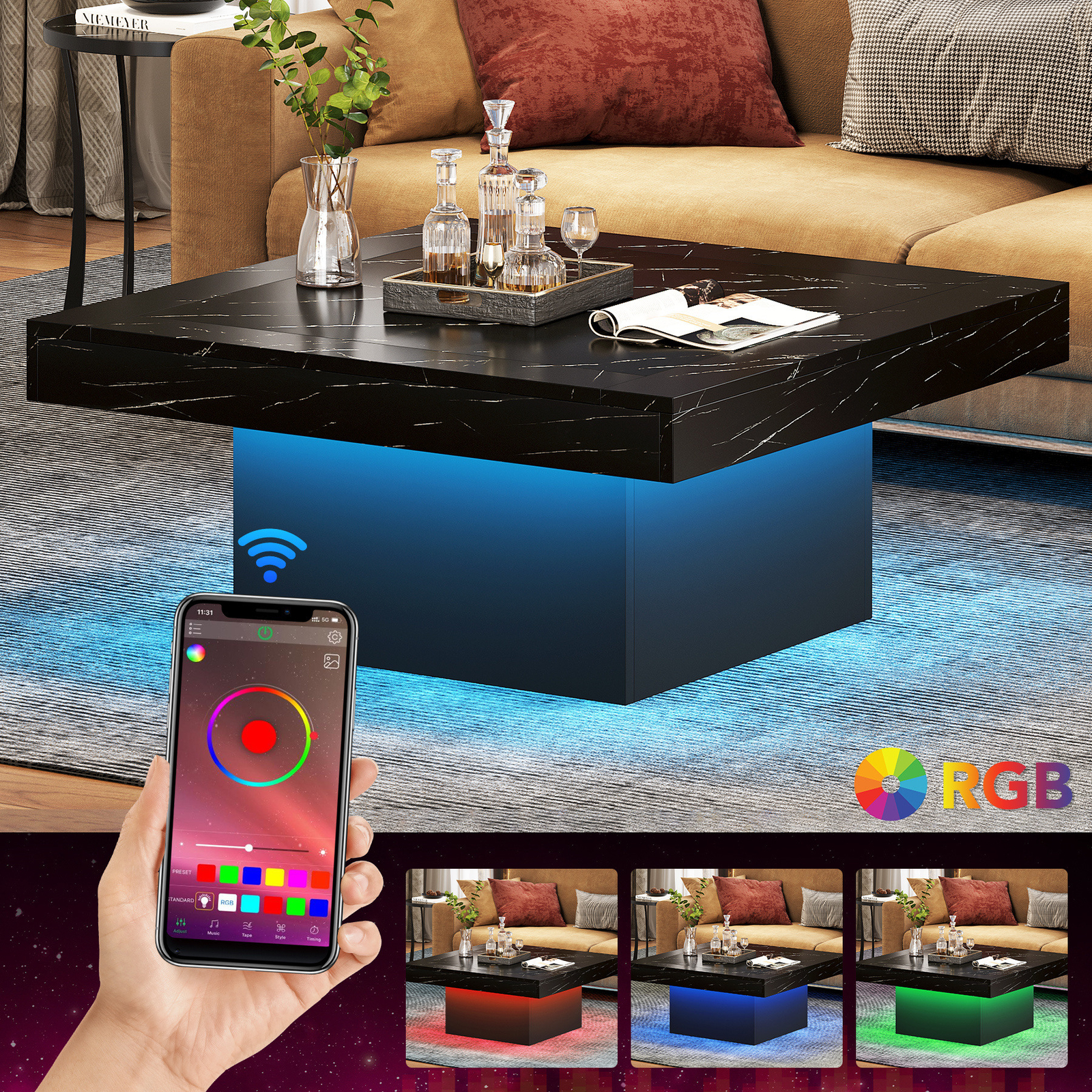 35″ Modern Square Coffee Table with Led Light, Wood Center Table for Living Room
