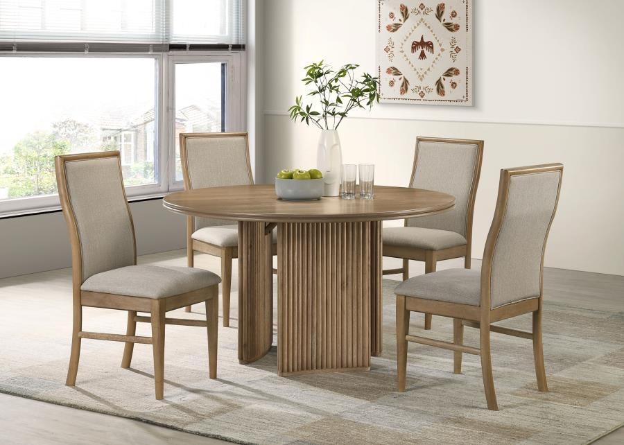 5 PC 53 INCH ROUND WOOD DISTRESSED BROWN DINING TABLE CHAIR FURNITURE SET