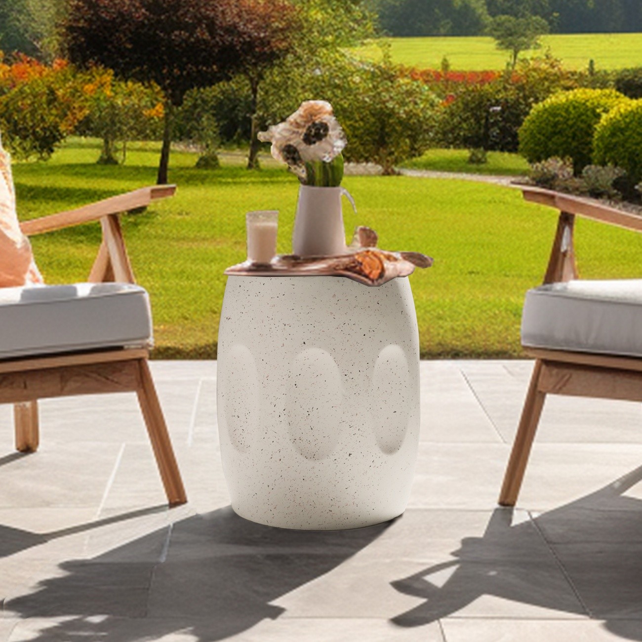 Lightweight Round Concrete Side Table Outdoor Indoor Accent Patio Living Room