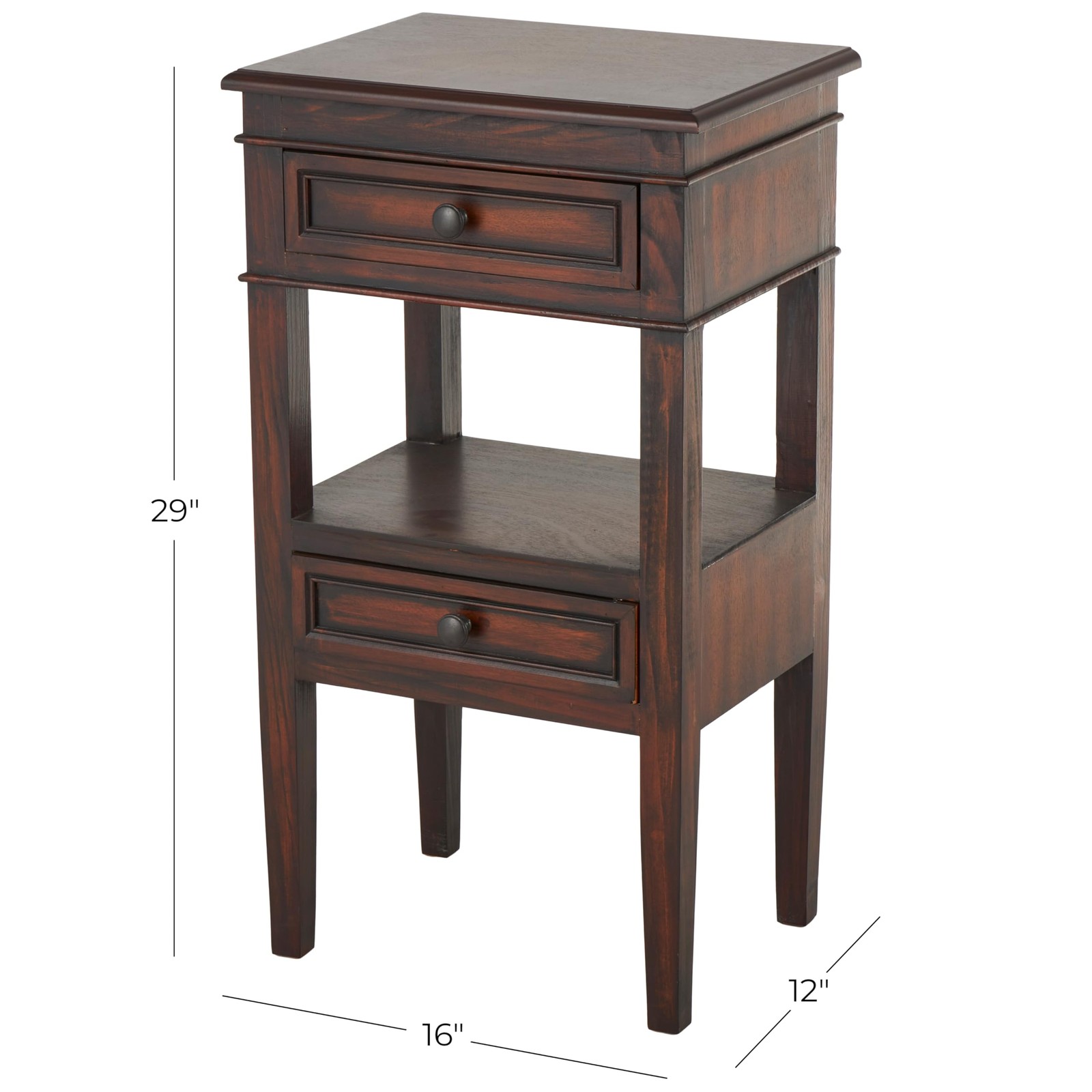Stylish Brown Wood Side Table with 2 Drawers and Shelf – 16″ x 12″ x 29