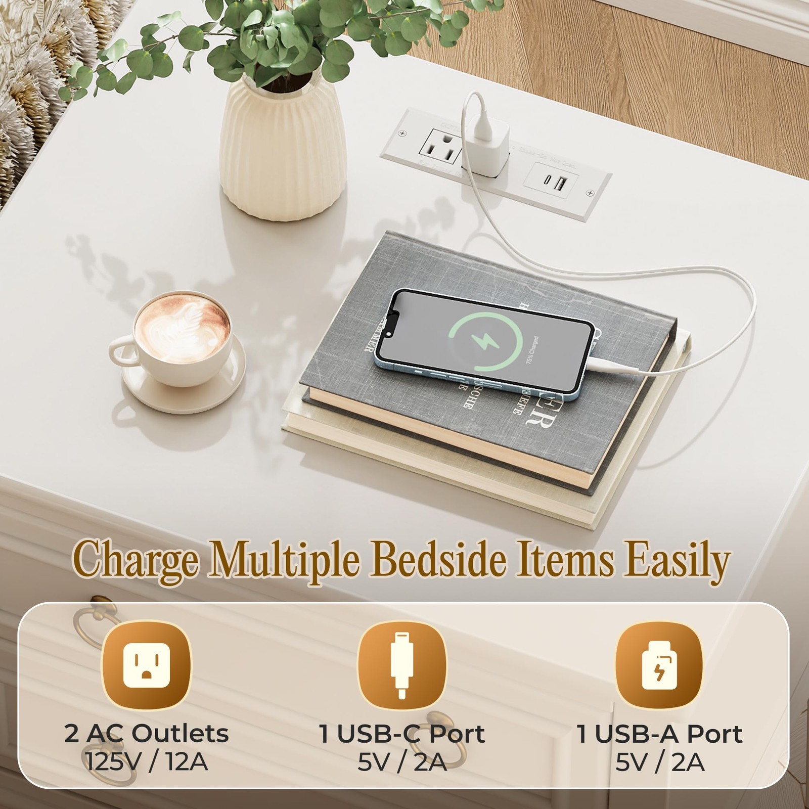 Huuger 27.6 Inch Tall Nightstand with Charging Station, USB-C Port, White