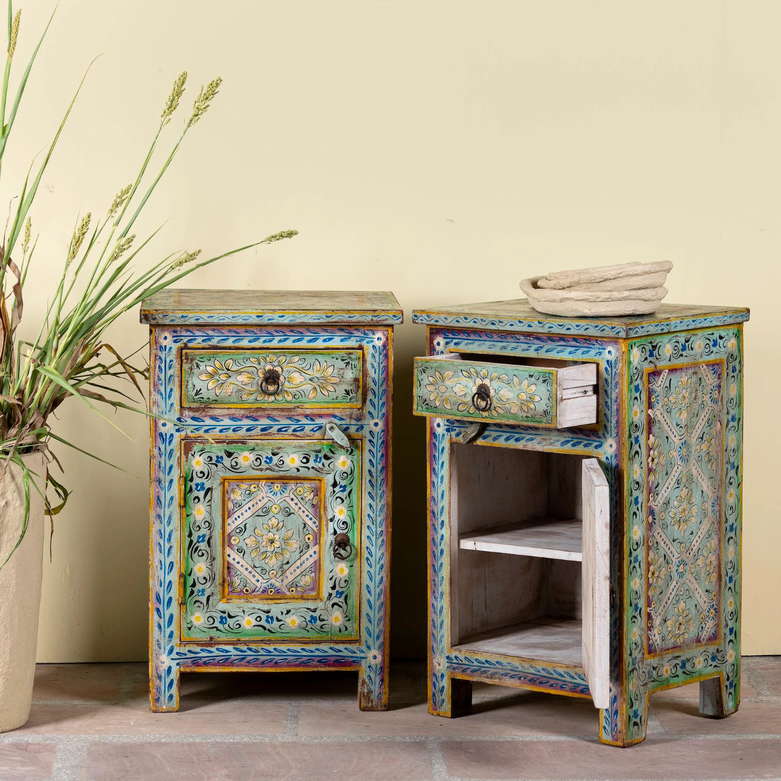 Artisan Handmade Bedside Table Solid Wood Hand Carved 17.7 × 13.8 × 27.6 inches