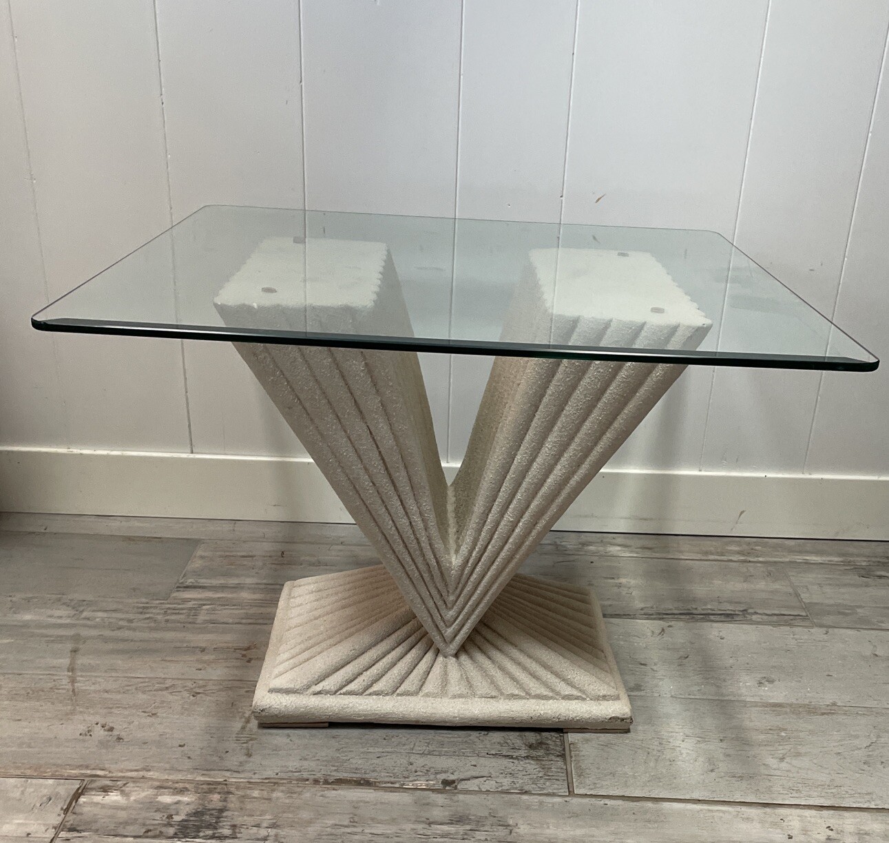 1980s Postmodern Geometric Plaster Console Table With Glass Top