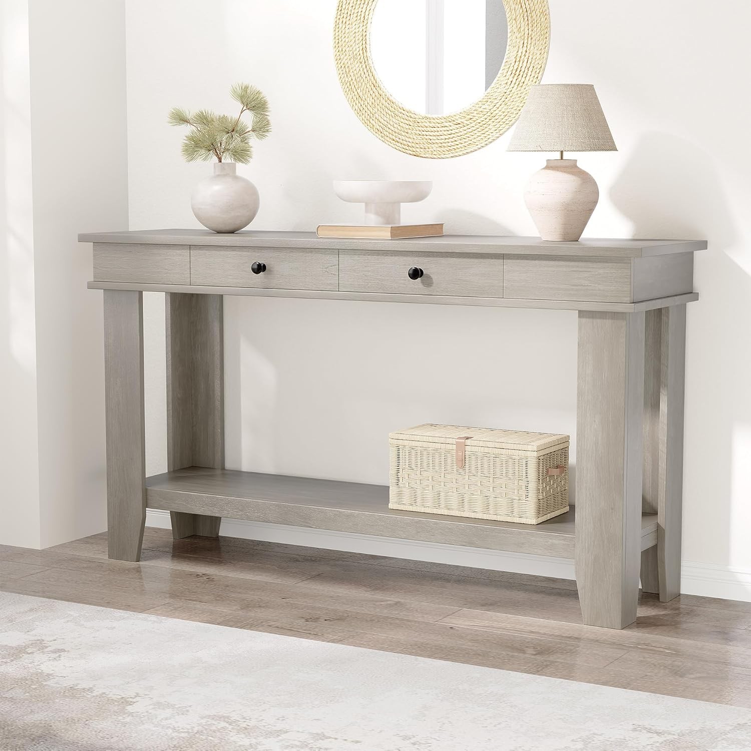 54″ Wooden Console Table, Entryway Table with Drawers & Open Storage Shelf
