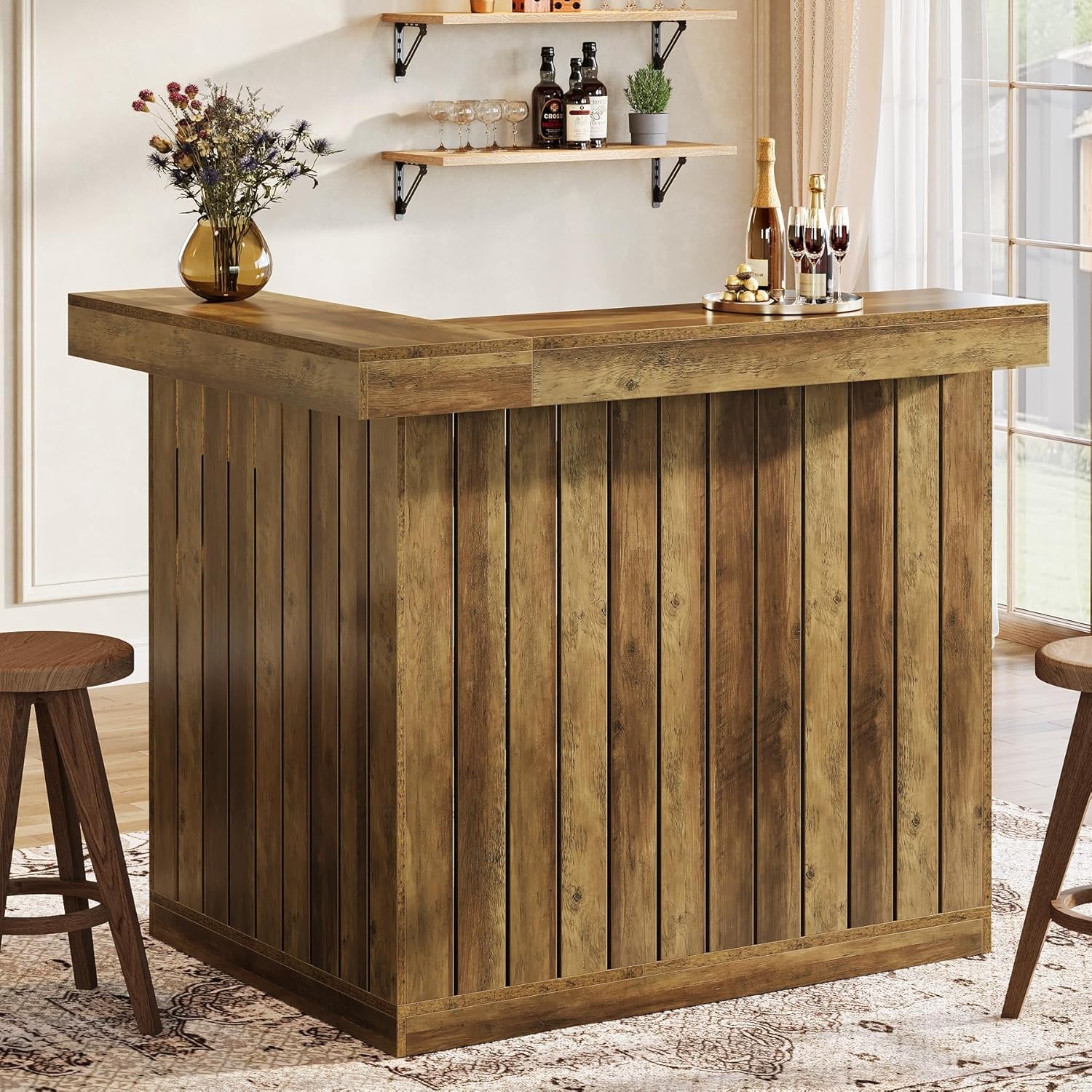 L-Shaped Home Bar Unit, 4-Tier Corner Liquor Bar Table with Storage Shelves
