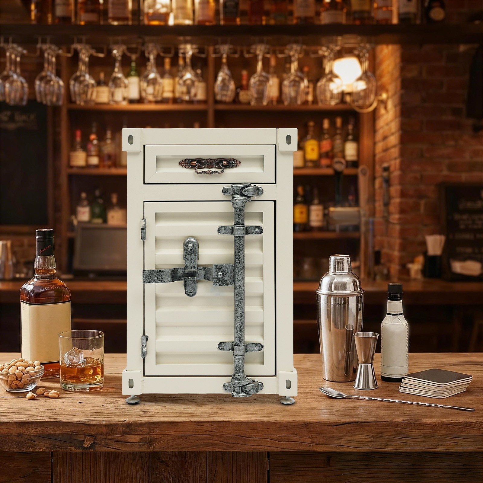 Industrial Metal Storage Cabinet with Lockable Drawer, Creamy White