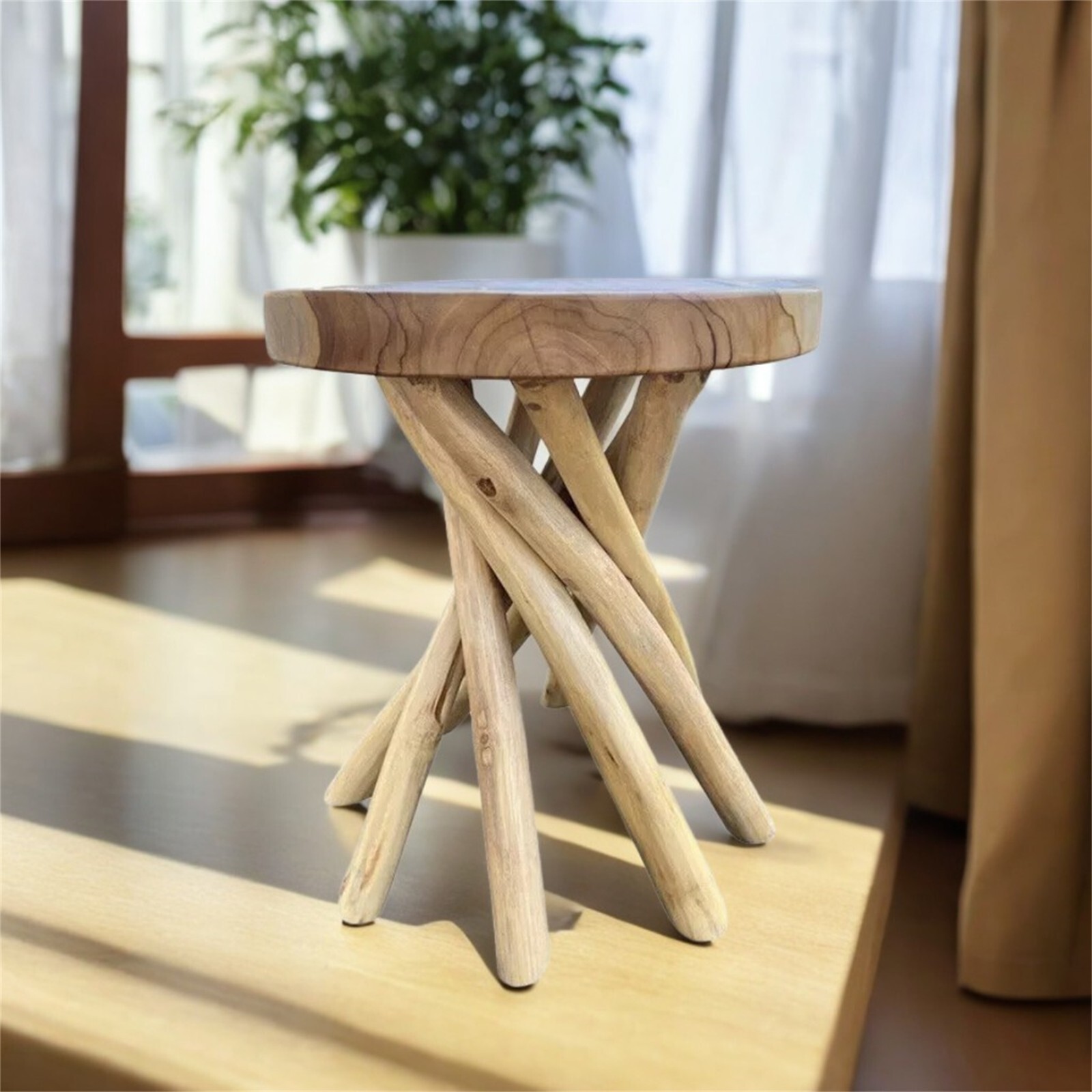 Rustic Solid Wood Top Tree Stump End Table Teak Branch Side Table