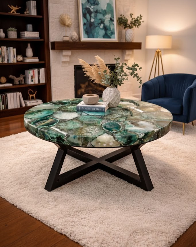 18″ Handmade Blue Agate Coffee Table Top, Natural Gemstone Slice, Geode Decor