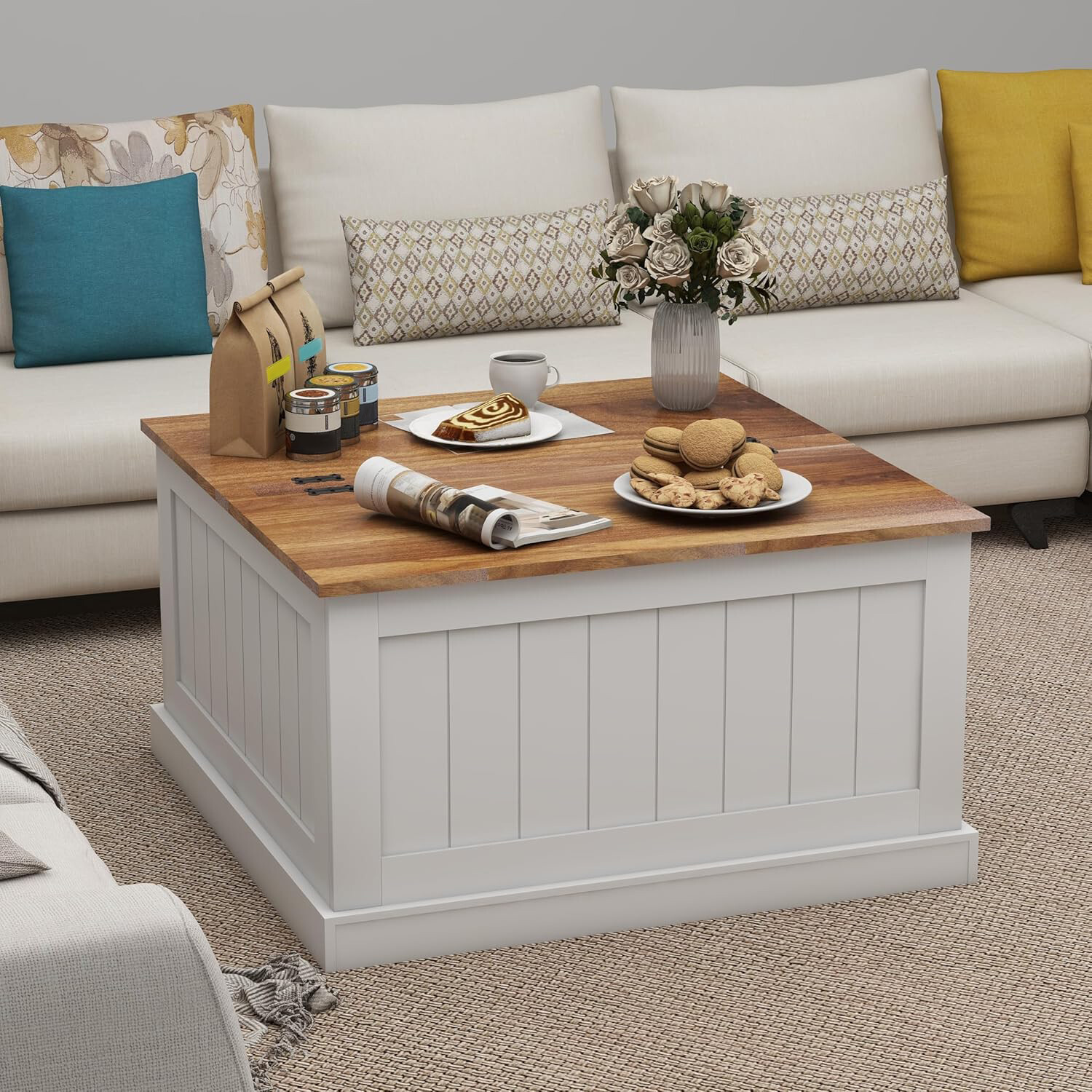 Farmhouse Lift-Top Coffee Table,Square Barn Design Center Table w/Hidden Storage