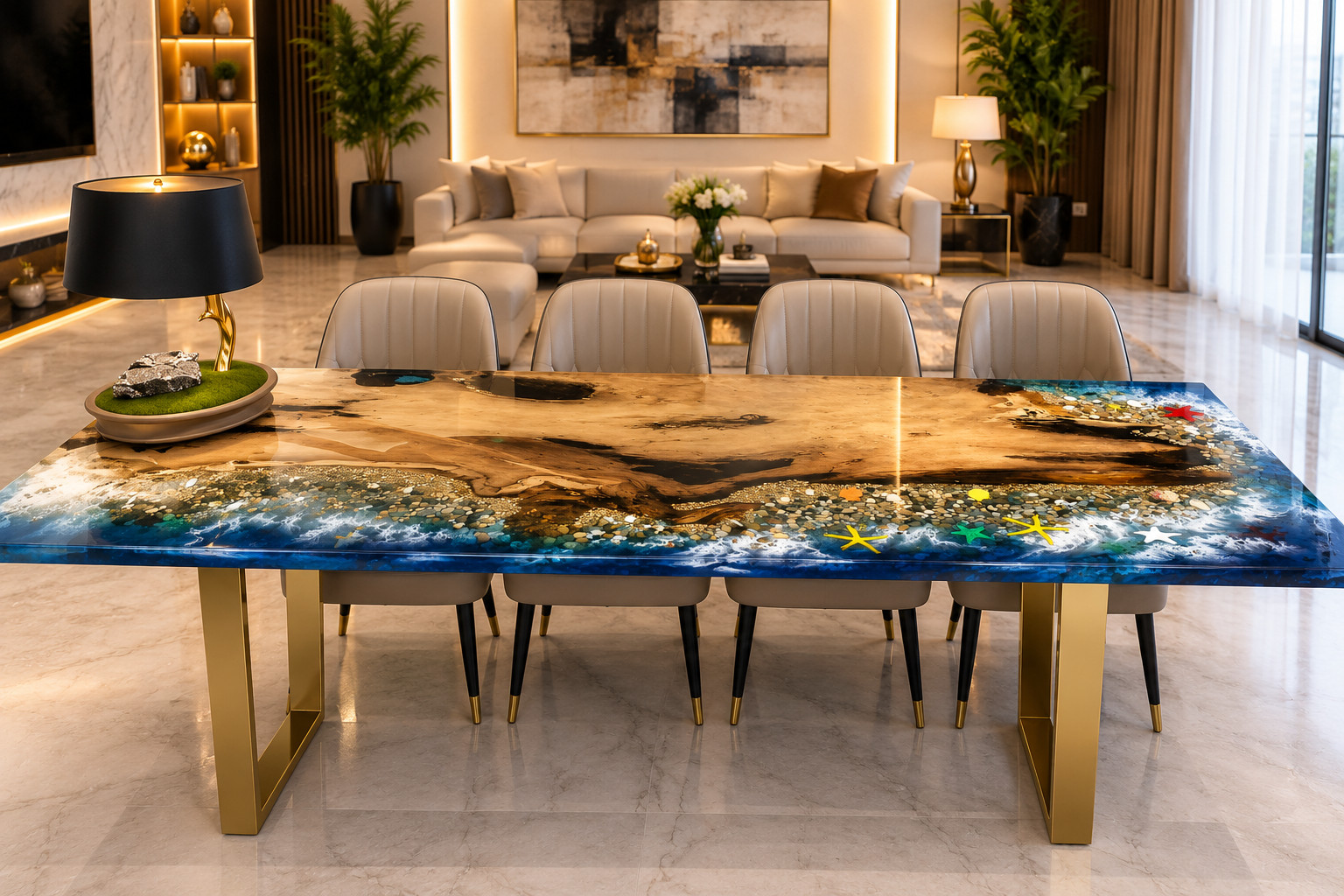 Handmade Ocean Wave Epoxy Dining Table | Live Edge Wood Resin Table