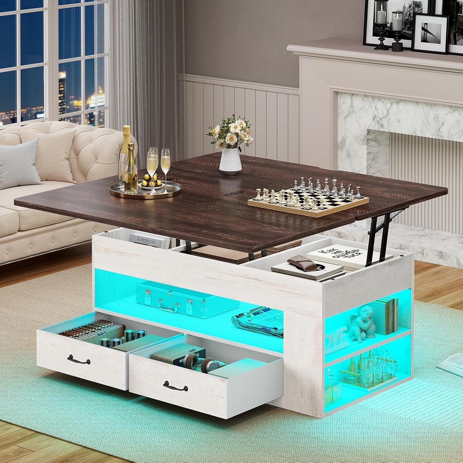 Lift Top Coffee Table with 2 Fabric Drawers & LED Light, Farmhouse Coffee Table