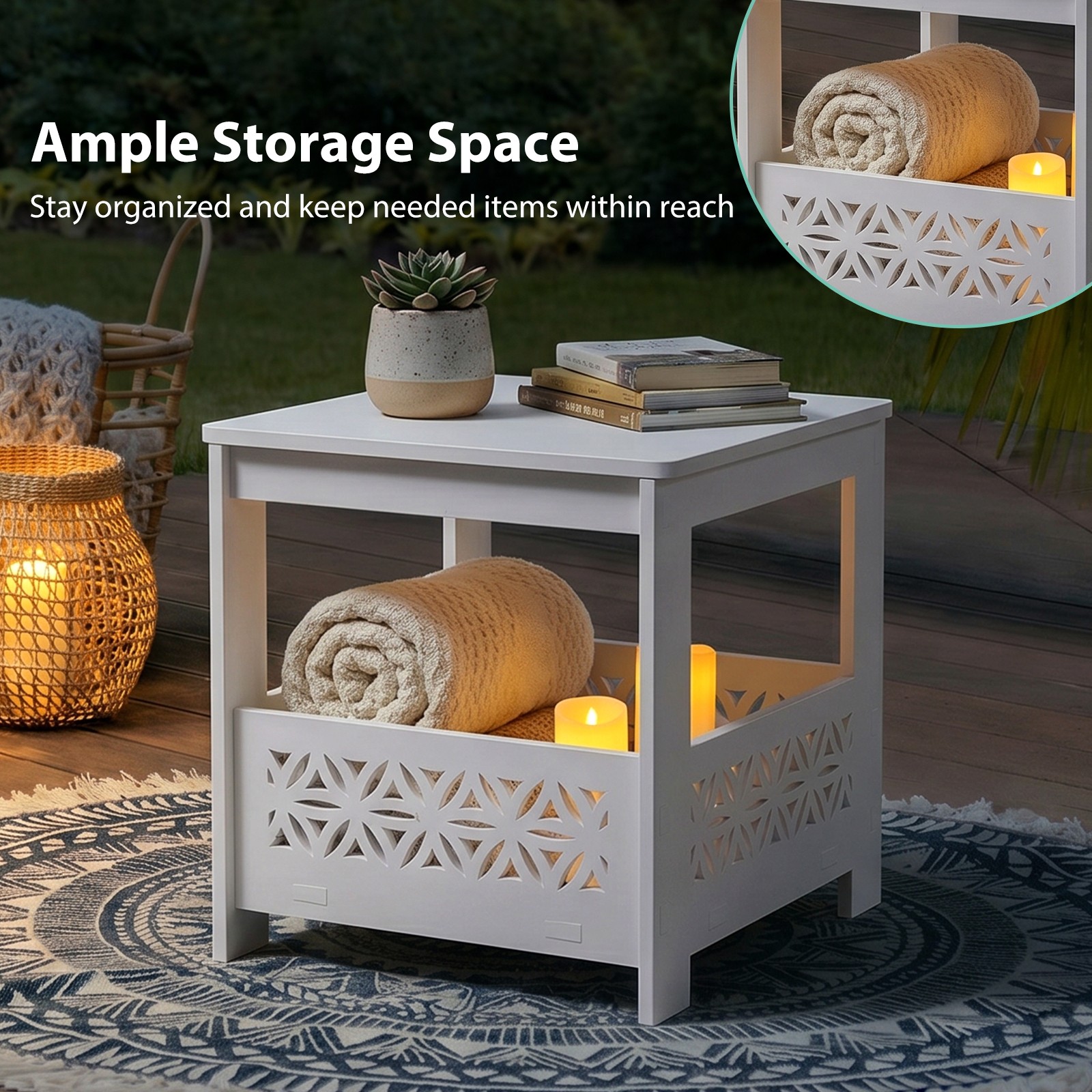 Side End Table, PVC Bedside Table w/ Storage Rack for Indoor Living Room