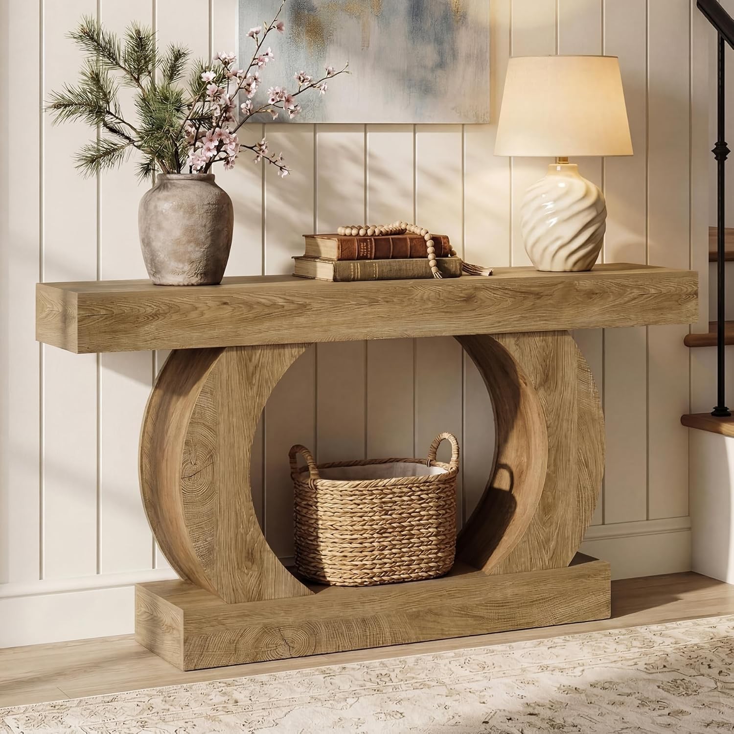 59-Inch Farmhouse Console Table, Curved Entryway Table with Unique Circular Base