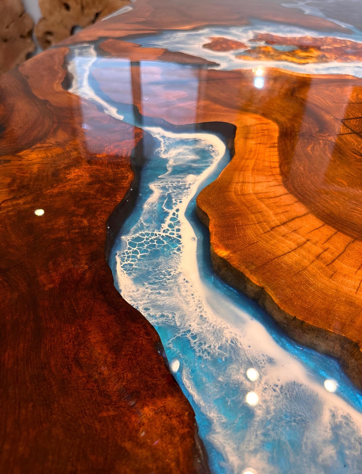 Ocean Epoxy Resin Dining Table – Customizable Walnut Wood with Blue Epoxy Design