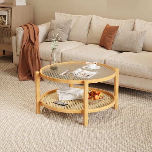 coffee table Wicker coffee table with glass top and PVC wicker storage rack